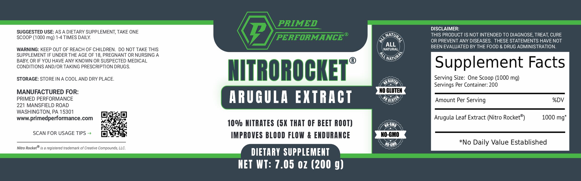 Primed Performance NitroRocket etiqueta con sellos de pruebas de terceros y calidad