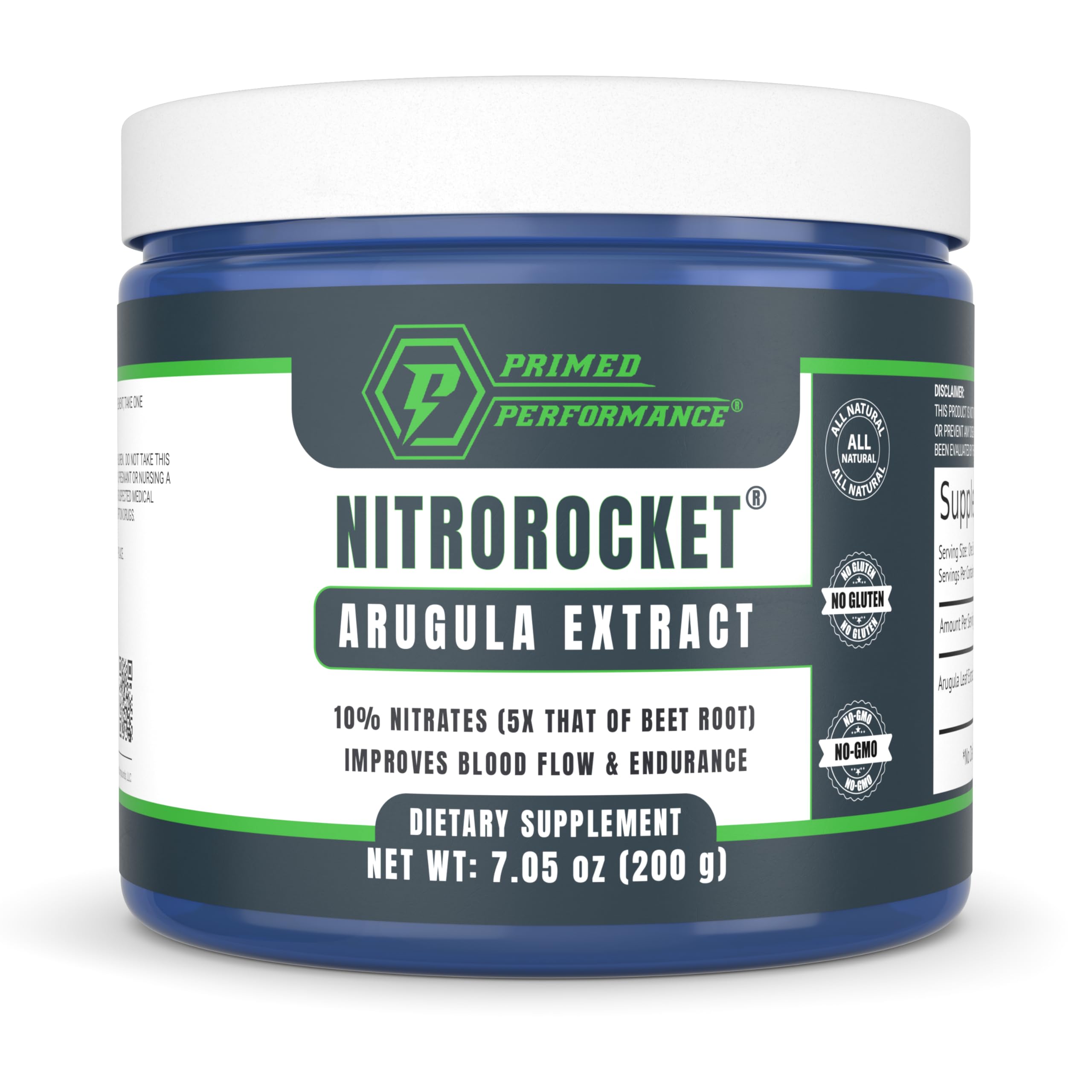 Primed Performance NitroRocket envase frontal con diseño claro y beneficio de energía