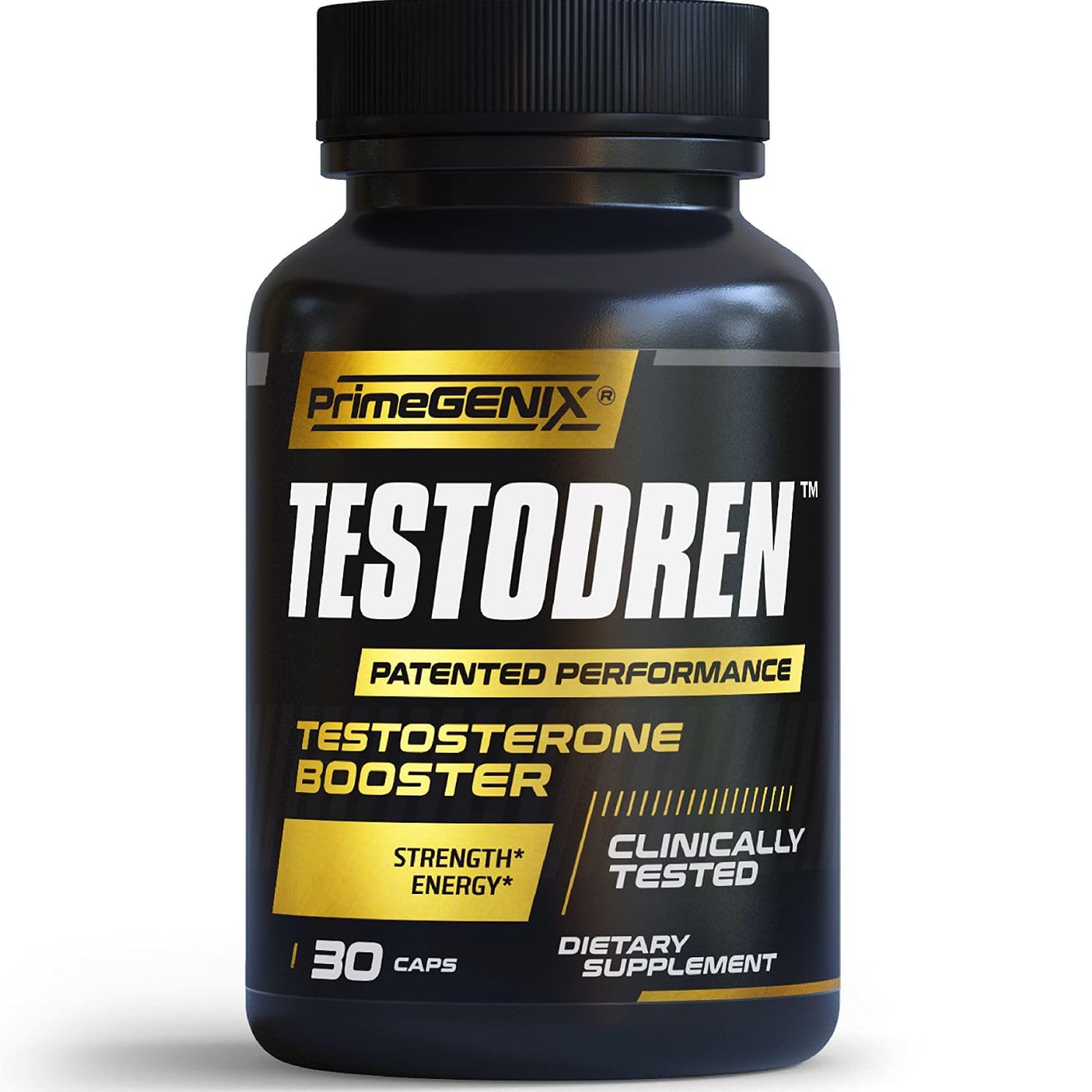PrimeGENIX frasco frontal del producto mostrando el diseño y beneficio en energía