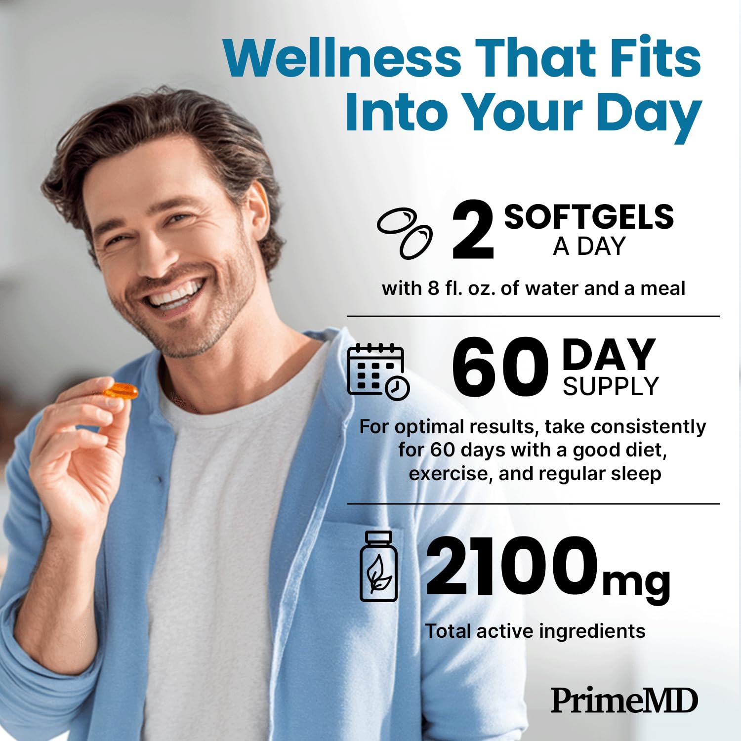 PrimeMD corte de cápsula mostrando aceite interior y concentración de omega‑3
