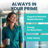 Persona sosteniendo PrimeMD indicando uso diario y conveniencia