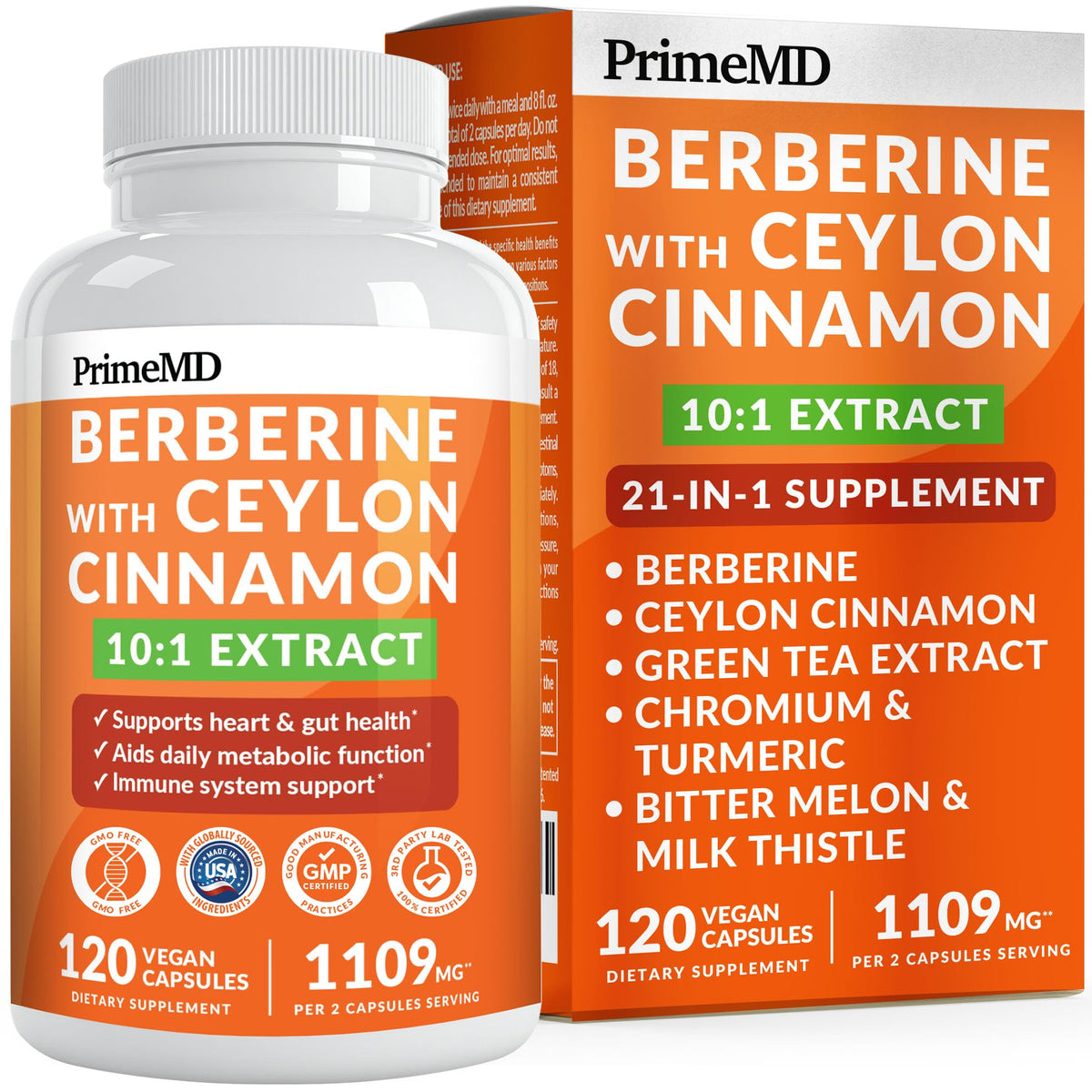 PrimeMD envase frontal de Berberine 21-en-1 mostrando la etiqueta y beneficios visibles