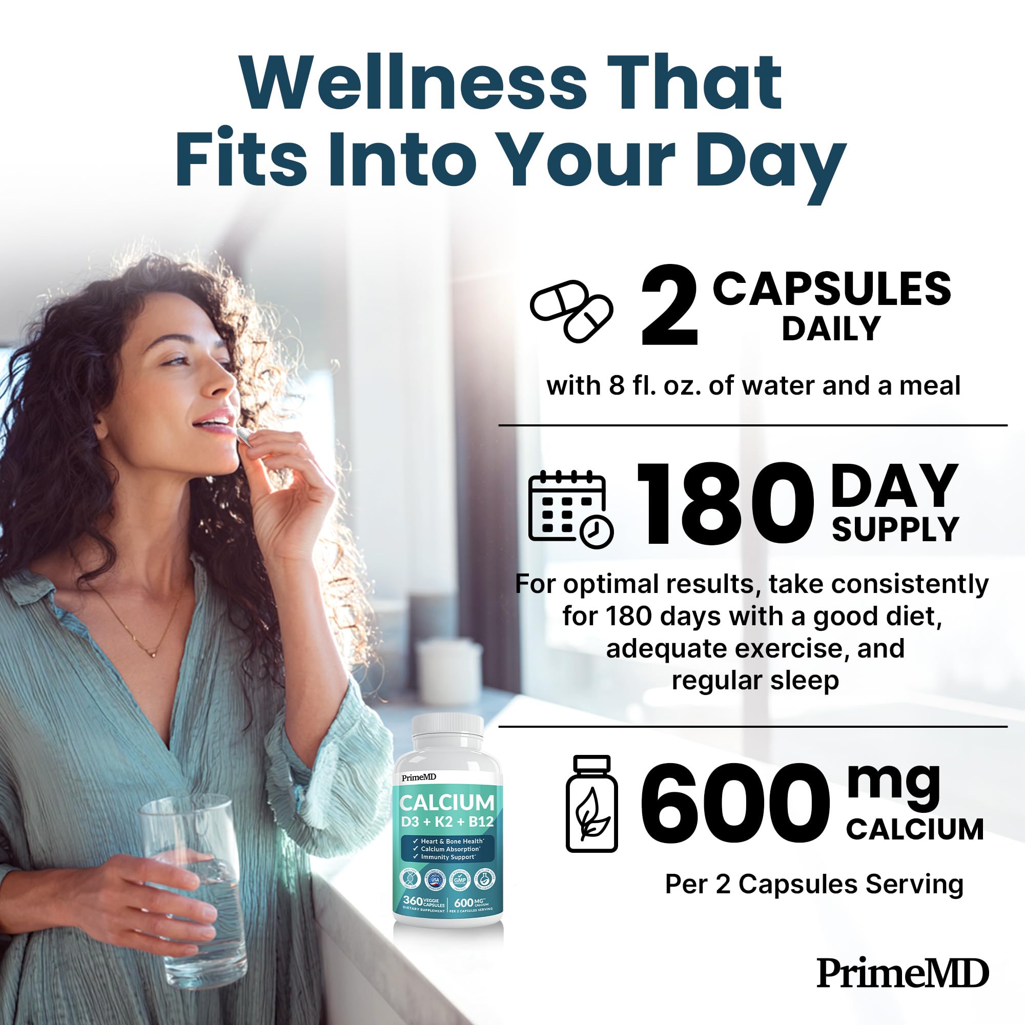 Envase PrimeMD junto a desayuno saludable para integración en rutina