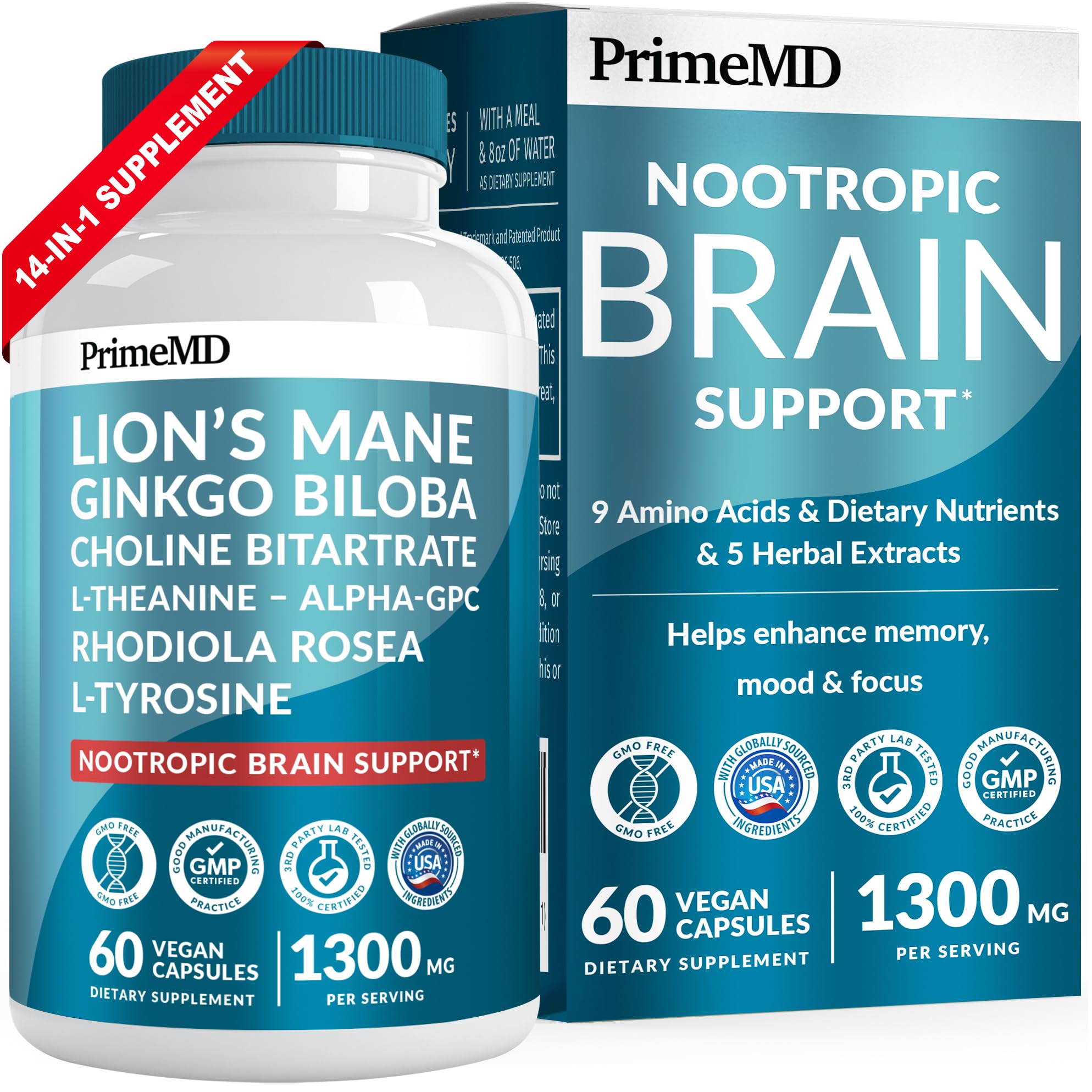 PrimeMD envase frontal mostrando cápsulas y beneficio de enfoque