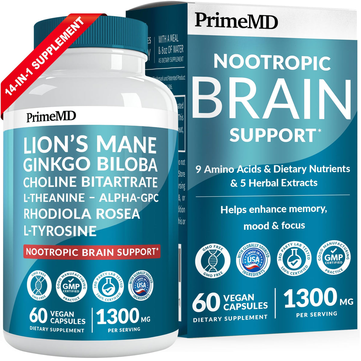 PrimeMD envase frontal mostrando cápsulas y beneficio de enfoque
