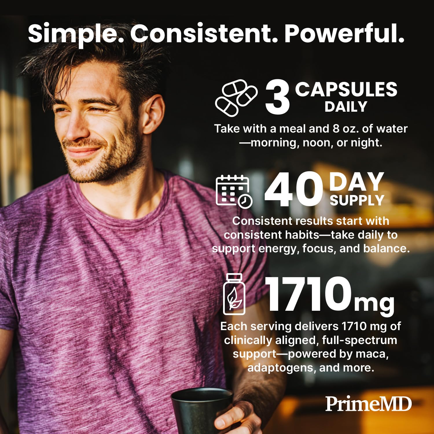 PrimeMD cápsula junto a vaso de agua para rutina matutina y absorción