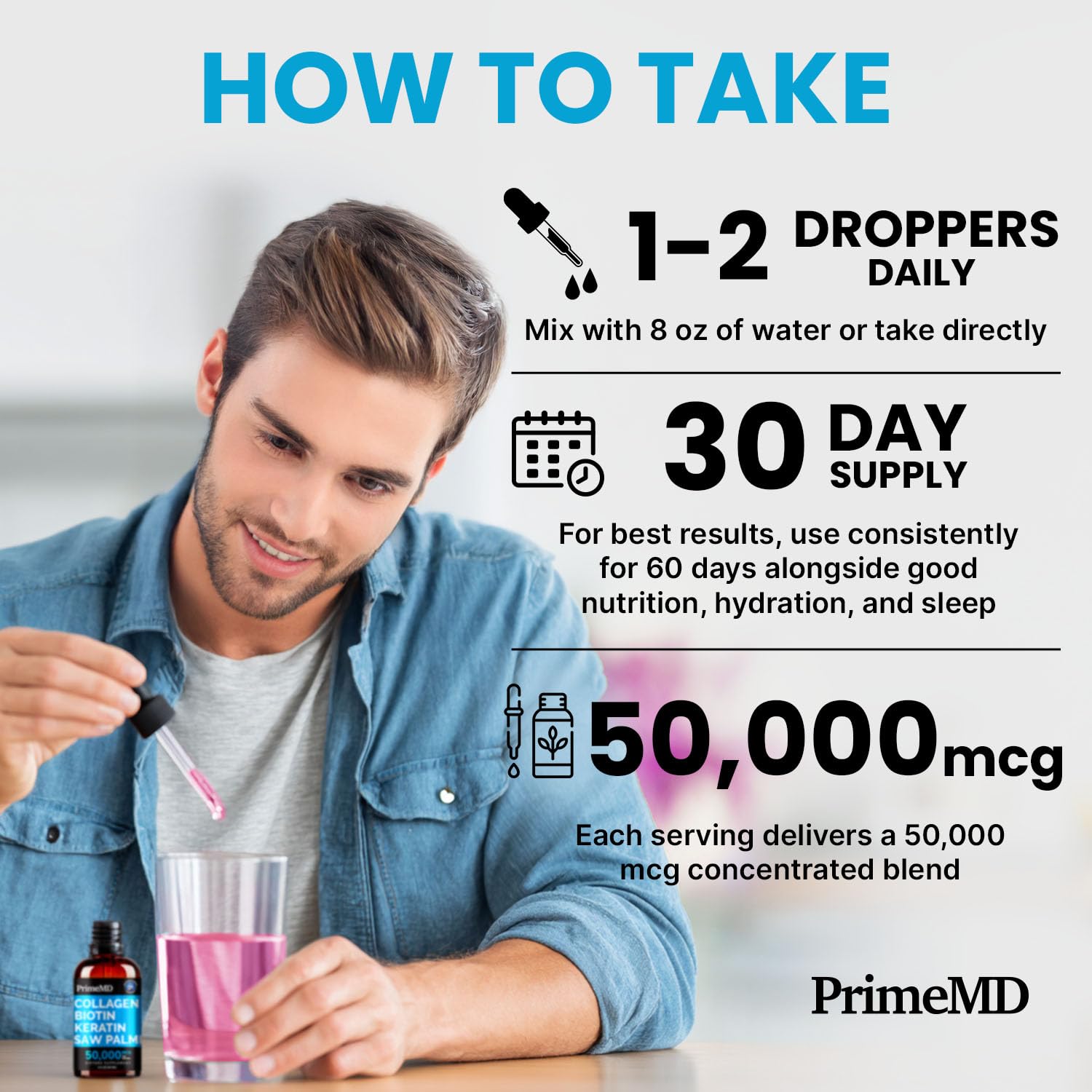 PrimeMD mezcla con agua en vaso, consumo sencillo con sabor frambuesa