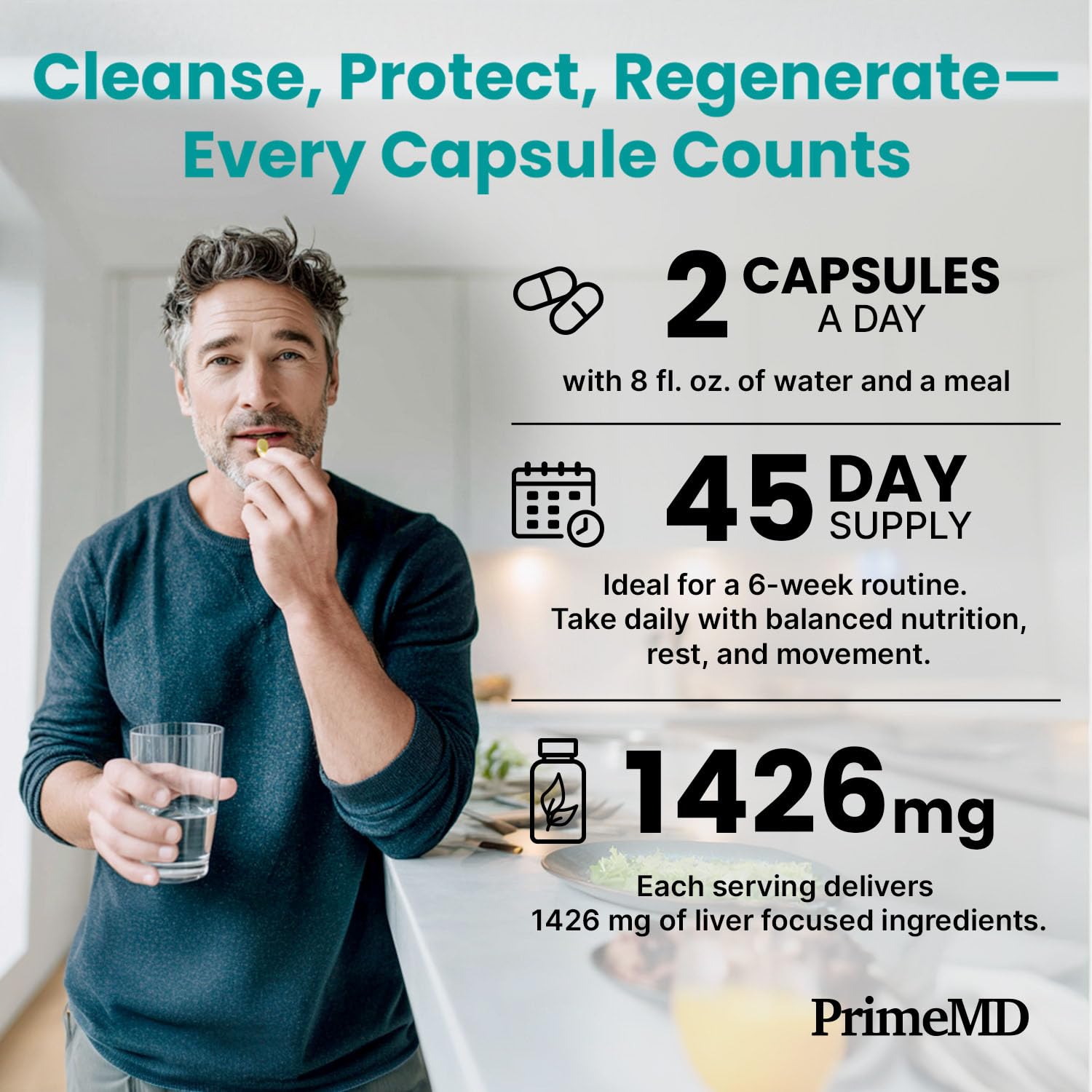 PrimeMD frasco junto a comida y vaso para demostrar la toma recomendada