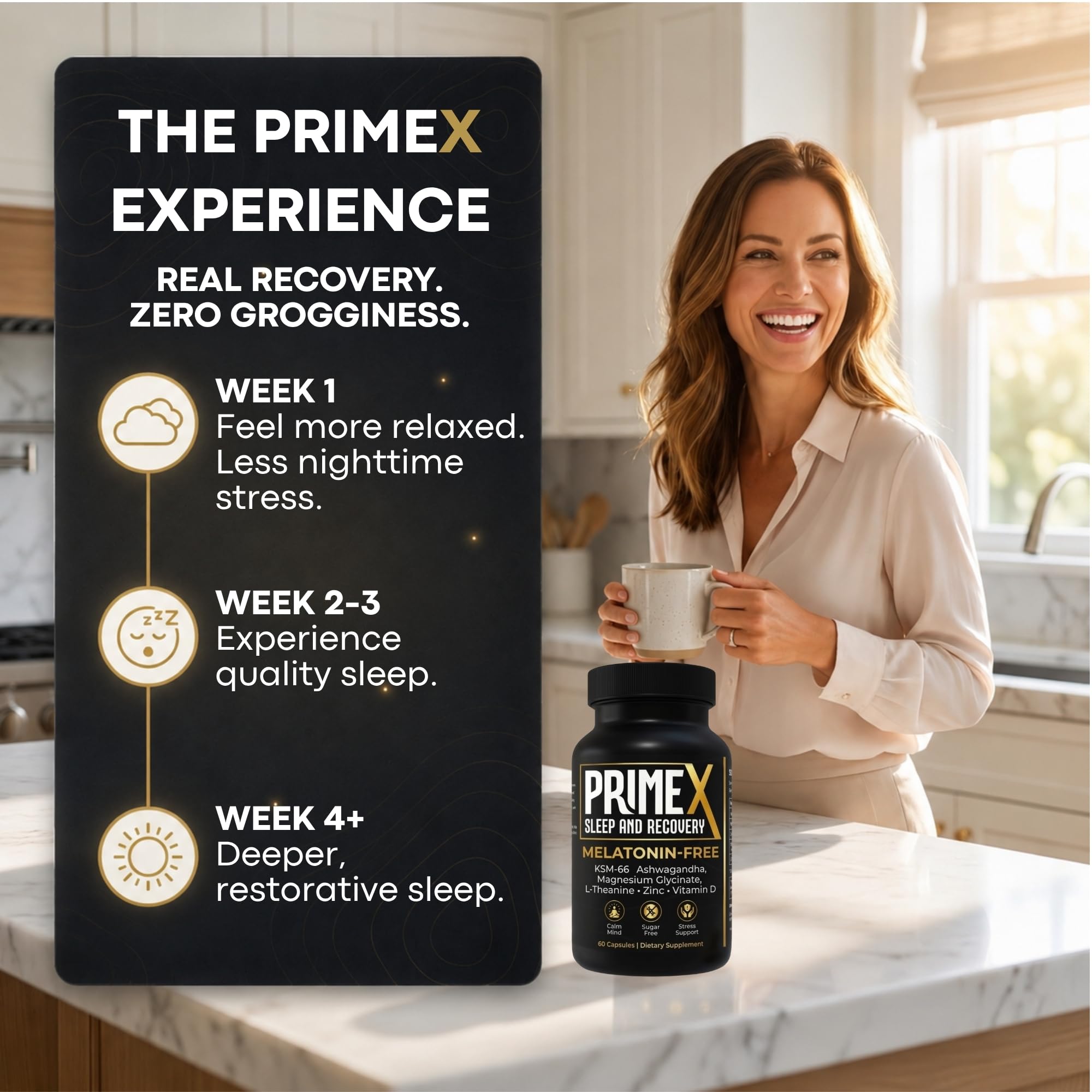PrimeX Sleep and Recovery cápsula al lado de moneda mostrando tamaño real