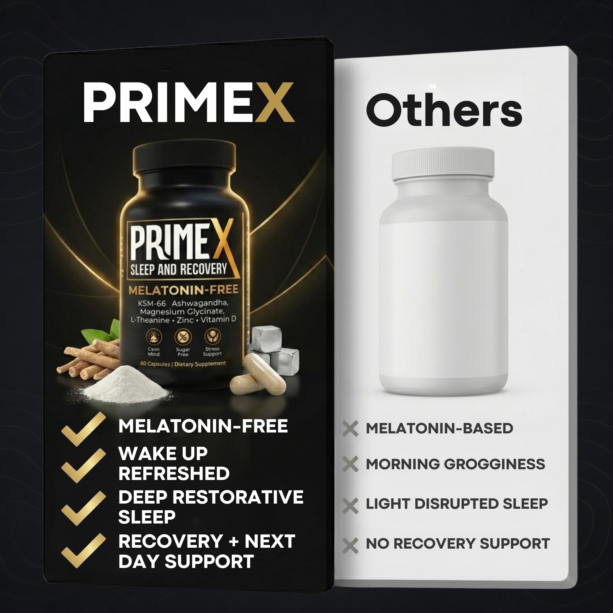 PrimeX Sleep and Recovery etiqueta nutricional legible con ingredientes y dosificación