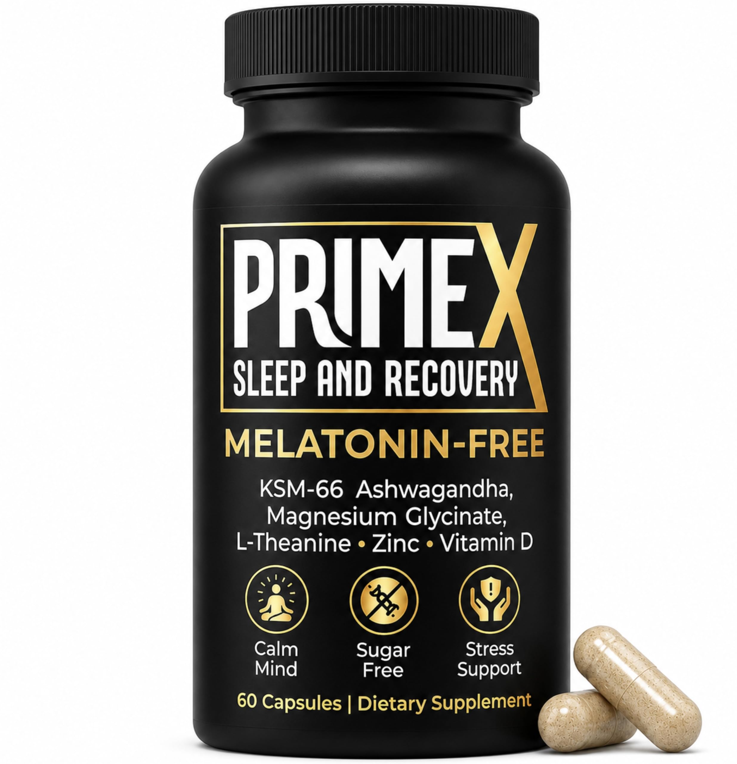 PrimeX Sleep and Recovery frente del envase mostrando la marca y ventajas