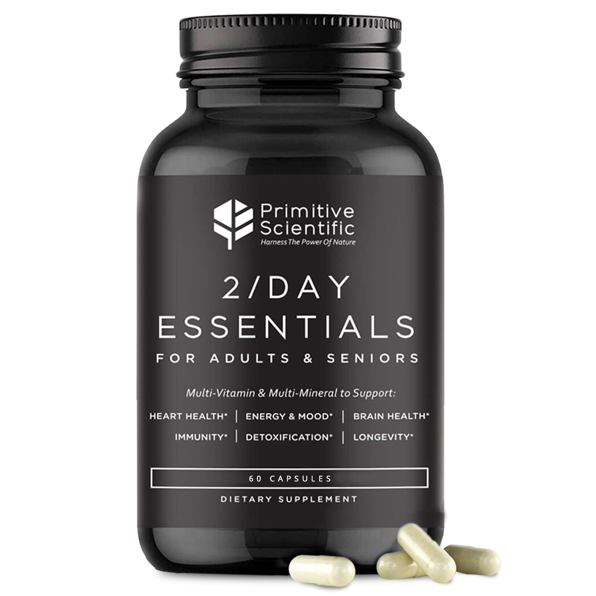Primitive Scientific envase frontal mostrando el producto y beneficios naturales