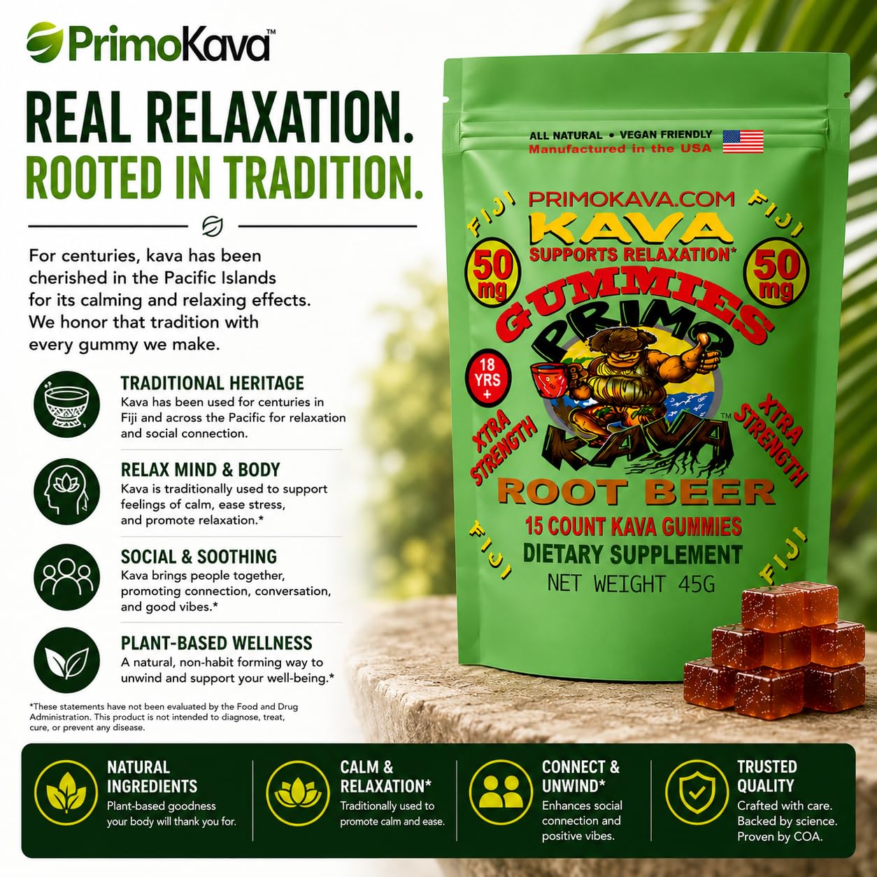 PRIMO KAVA envase abierto con gomitas destacando aspecto real del producto y sabor root beer