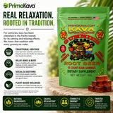 PRIMO KAVA envase abierto con gomitas destacando aspecto real del producto y sabor root beer