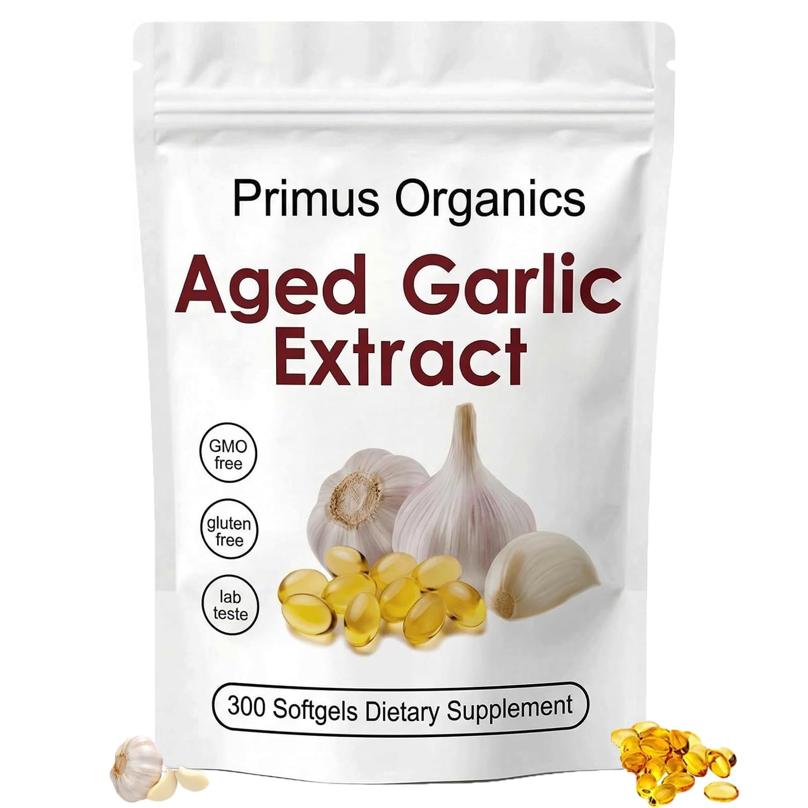 Primus Organics frasco frontal mostrando 300 softgels y conveniencia