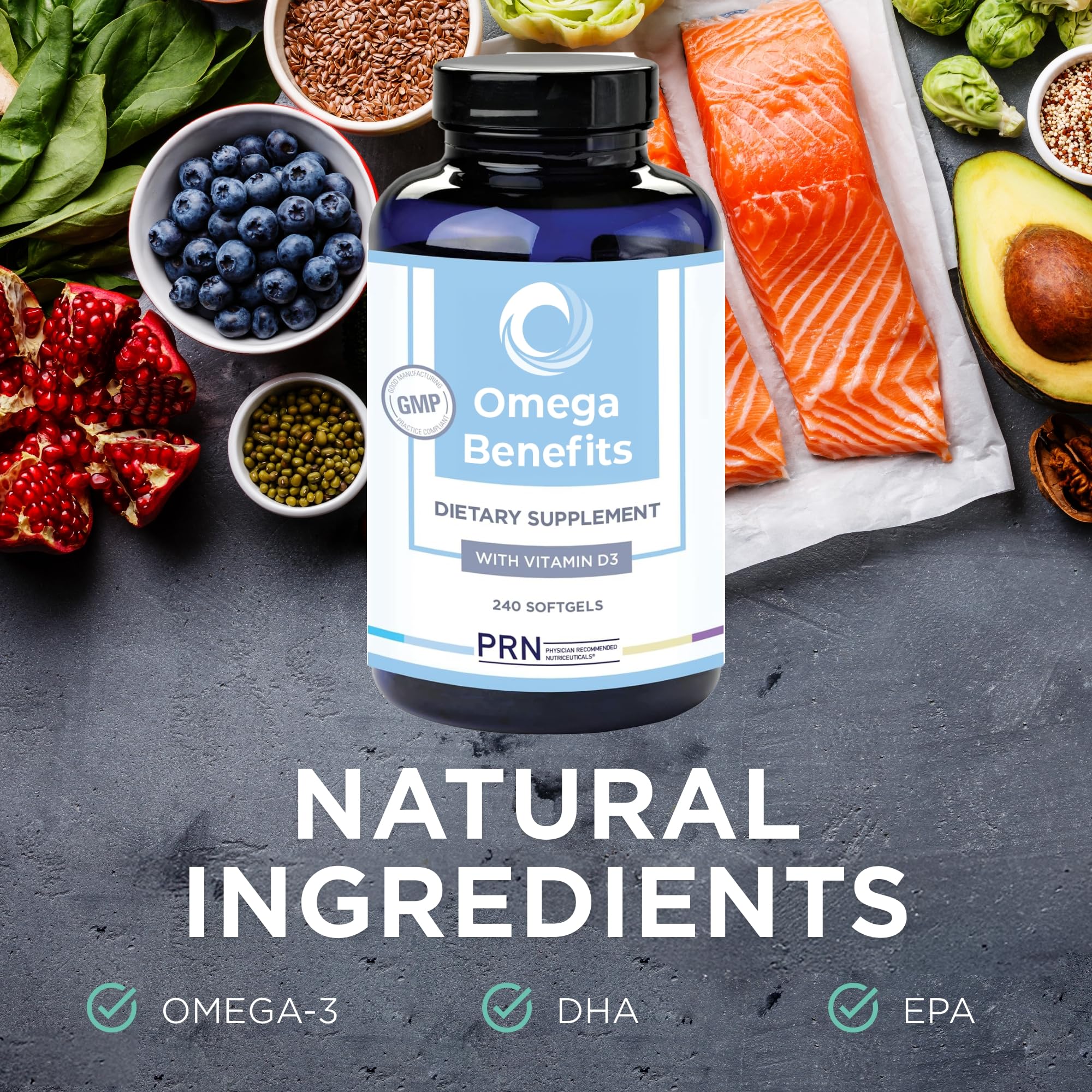 PRN rTG Omega 3 cápsula en mano demostrando tamaño práctico para tomar diariamente