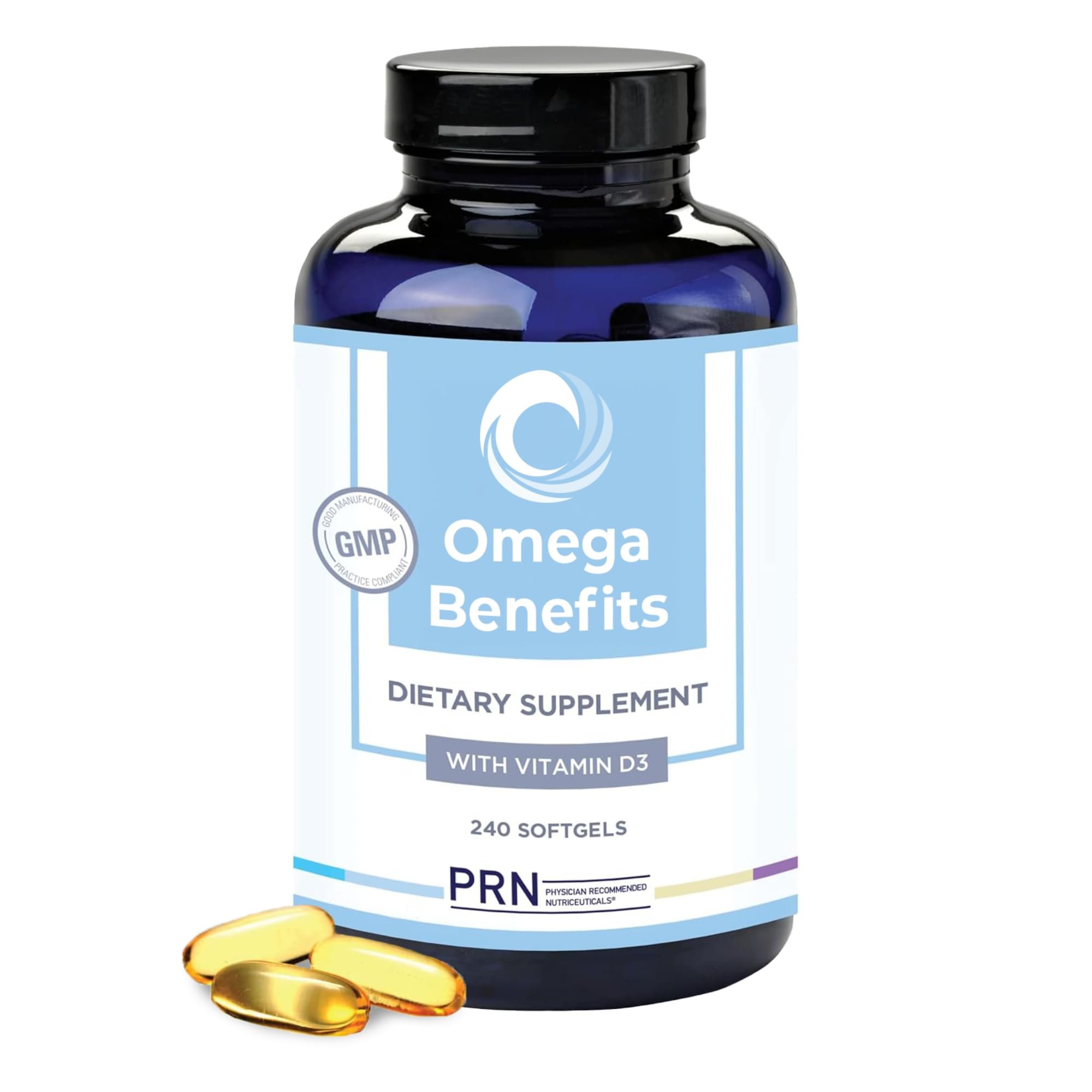 PRN rTG Omega 3 frente del envase mostrando 240 cápsulas y beneficios visibles