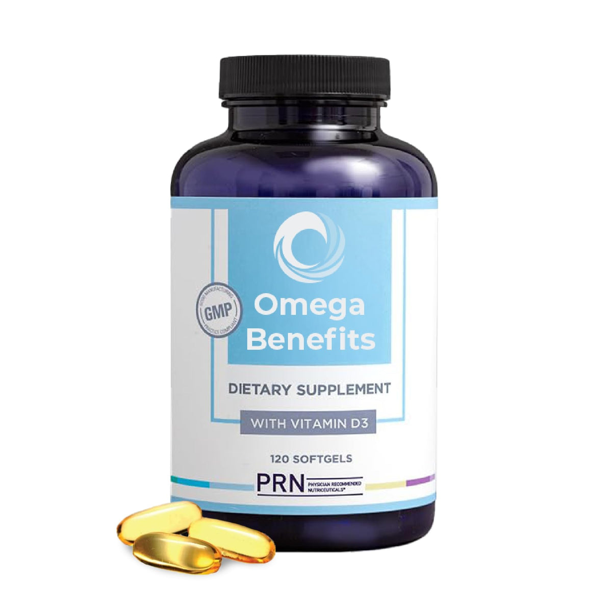 PRN rTG Omega 3 frente del envase muestra cantidad y beneficio de apoyo completo