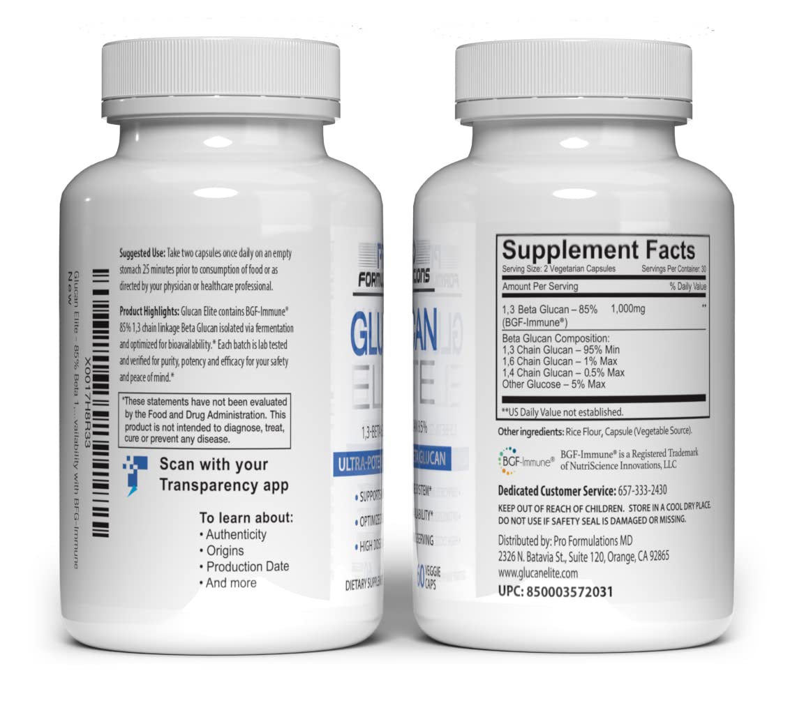 Pro Formulations MD etiqueta con información de 85% beta 1,3D glucano y beneficios