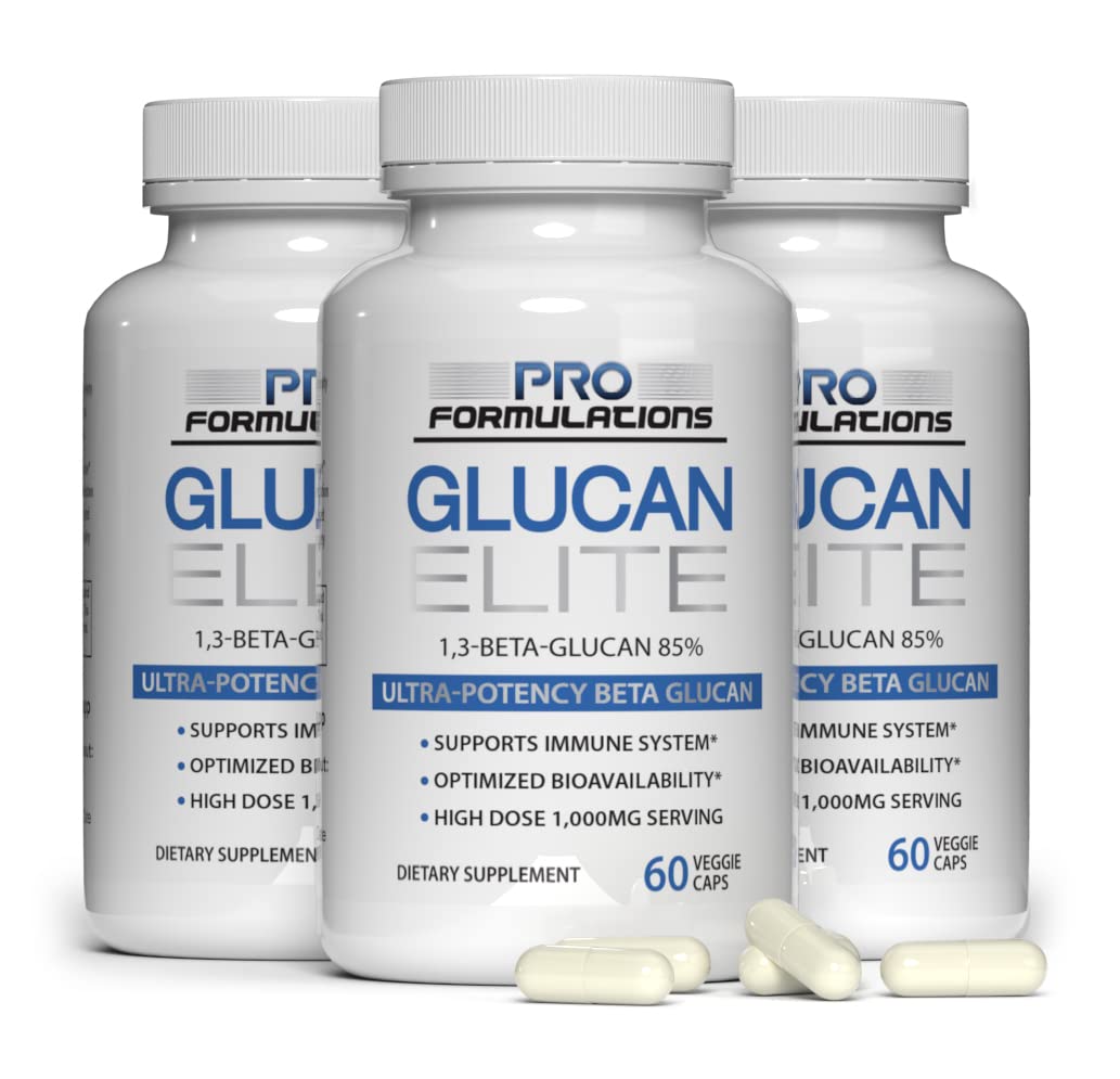 Pro Formulations MD frasco frontal de Glucan Elite con diseño claro y confianza