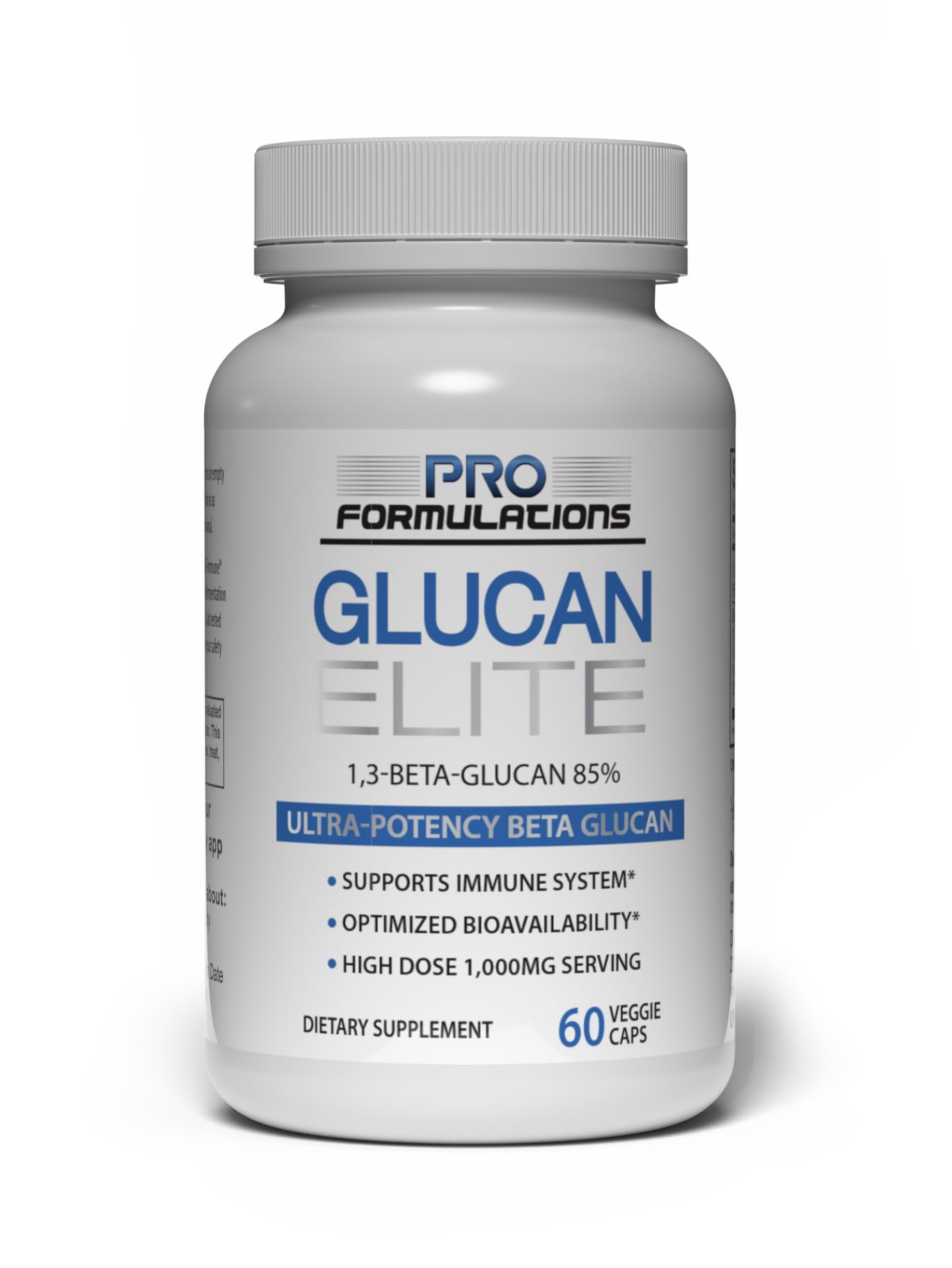 Pro Formulations MD frasco frontal de Glucan Elite mostrando bote y cápsulas, calidad garantizada