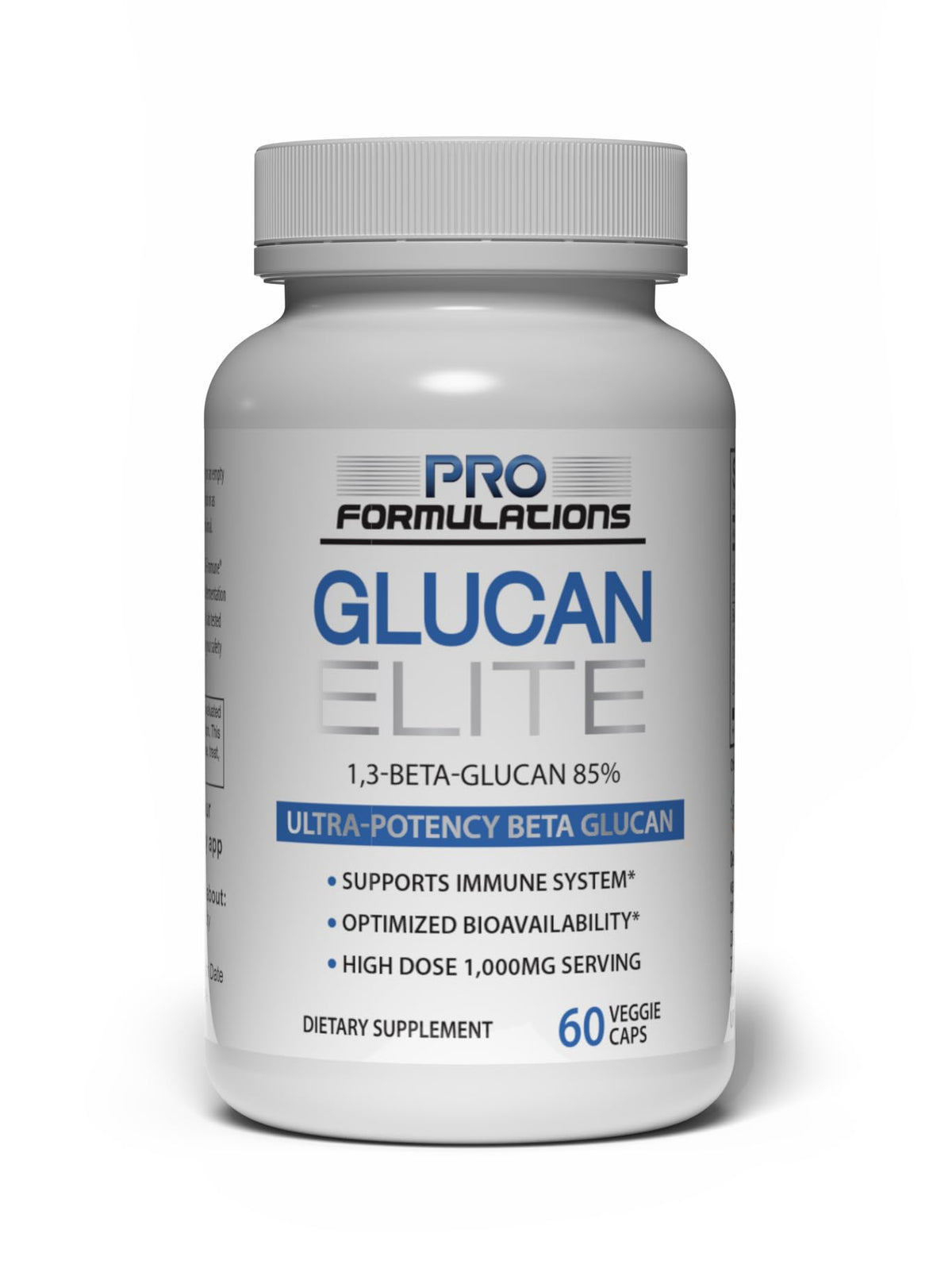 Pro Formulations MD frasco frontal de Glucan Elite mostrando bote y cápsulas, calidad garantizada