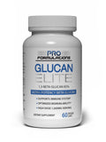 Pro Formulations MD frasco frontal de Glucan Elite mostrando bote y cápsulas, calidad garantizada