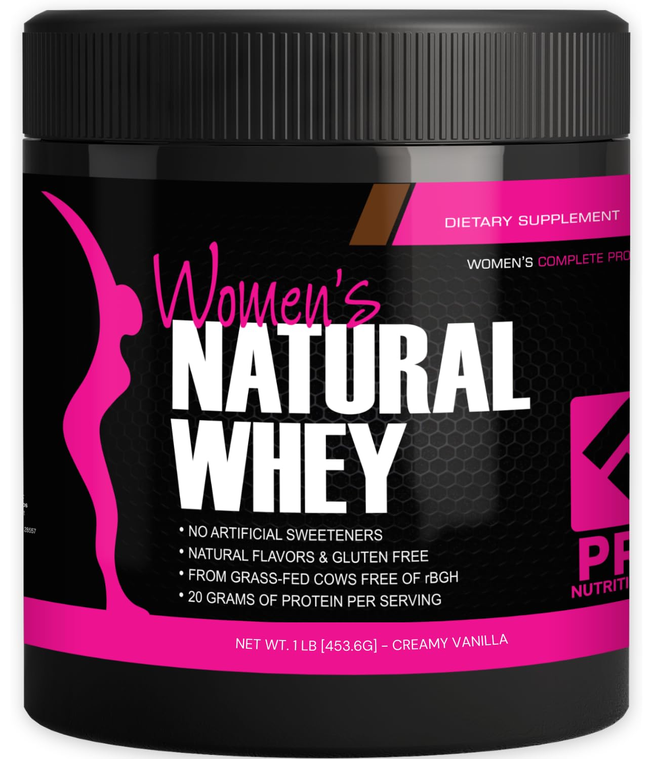 PRO NUTRITION LABS frasco frontal de Her Natural Whey Vainilla, presentación clara y beneficios