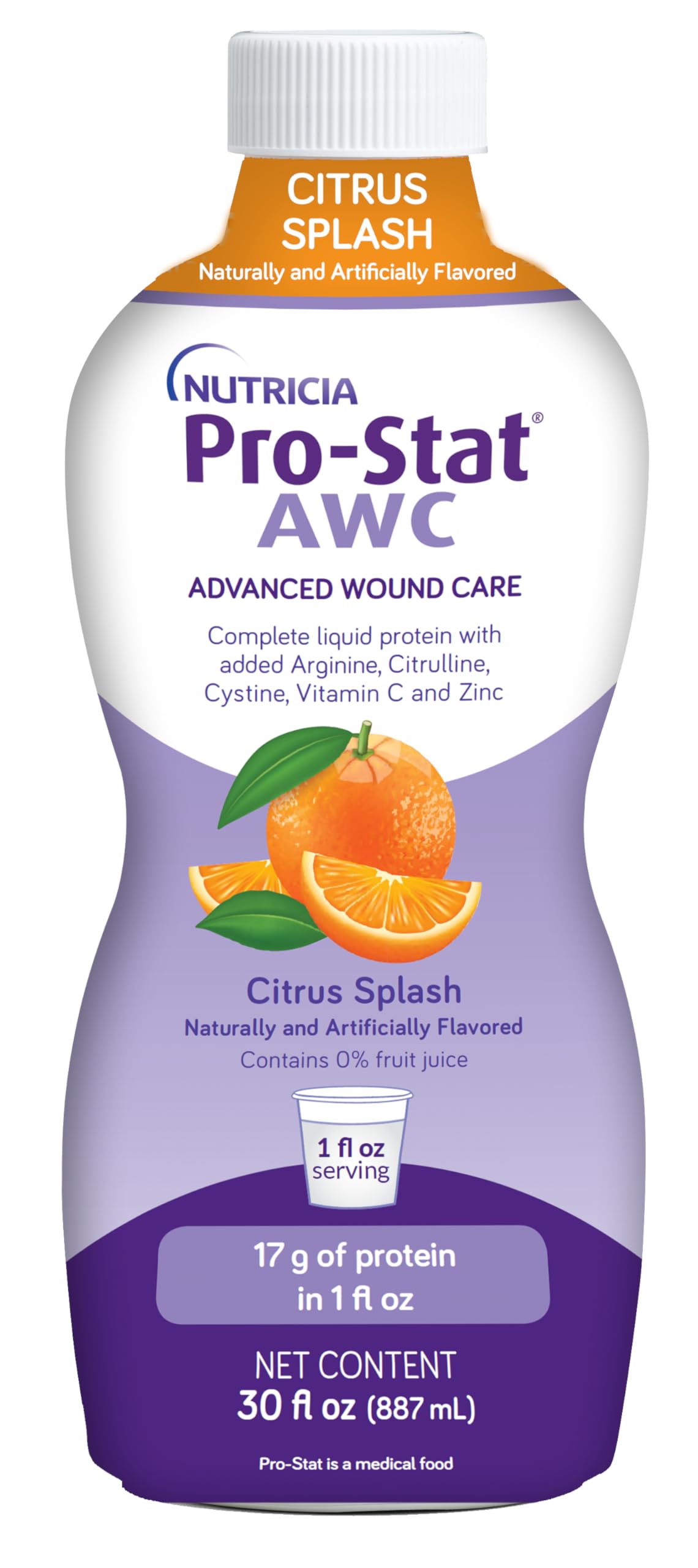 Pro-Stat botella frontal Citrus Splash mostrando etiquetado y volumen 30 fl oz beneficio práctico
