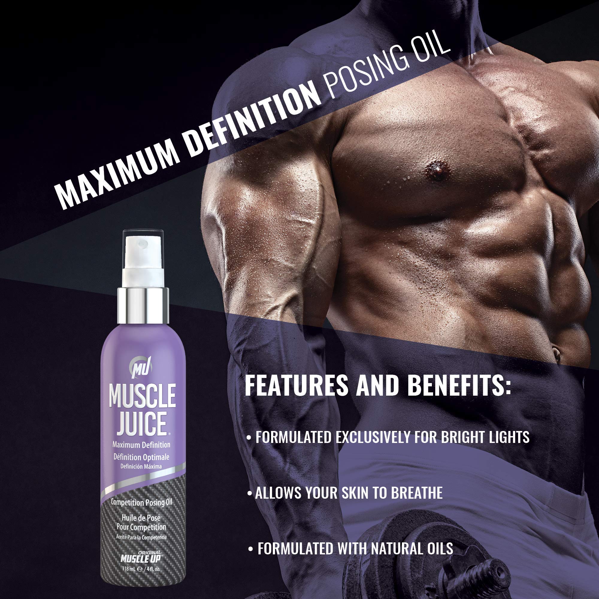 Pro Tan Muscle Juice aplicado en atleta sobre escenario resaltando definición muscular bajo luces