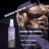Pro Tan Muscle Juice aplicado en atleta sobre escenario resaltando definición muscular bajo luces