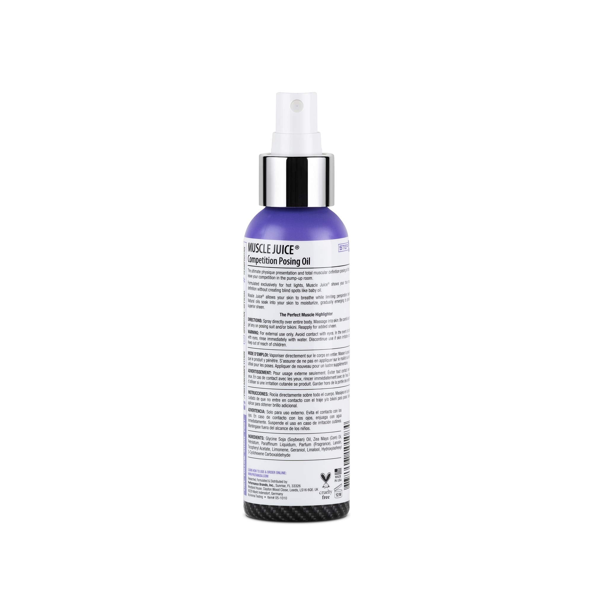 Pro Tan Muscle Juice primer plano de la textura para ver el brillo natural y la hidratación gradual