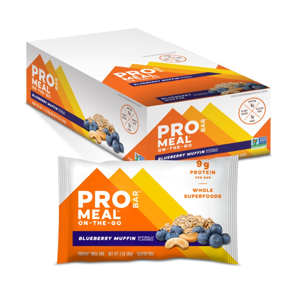 PROBAR barra Blueberry Muffin frente mostrando empaque portátil y conveniencia