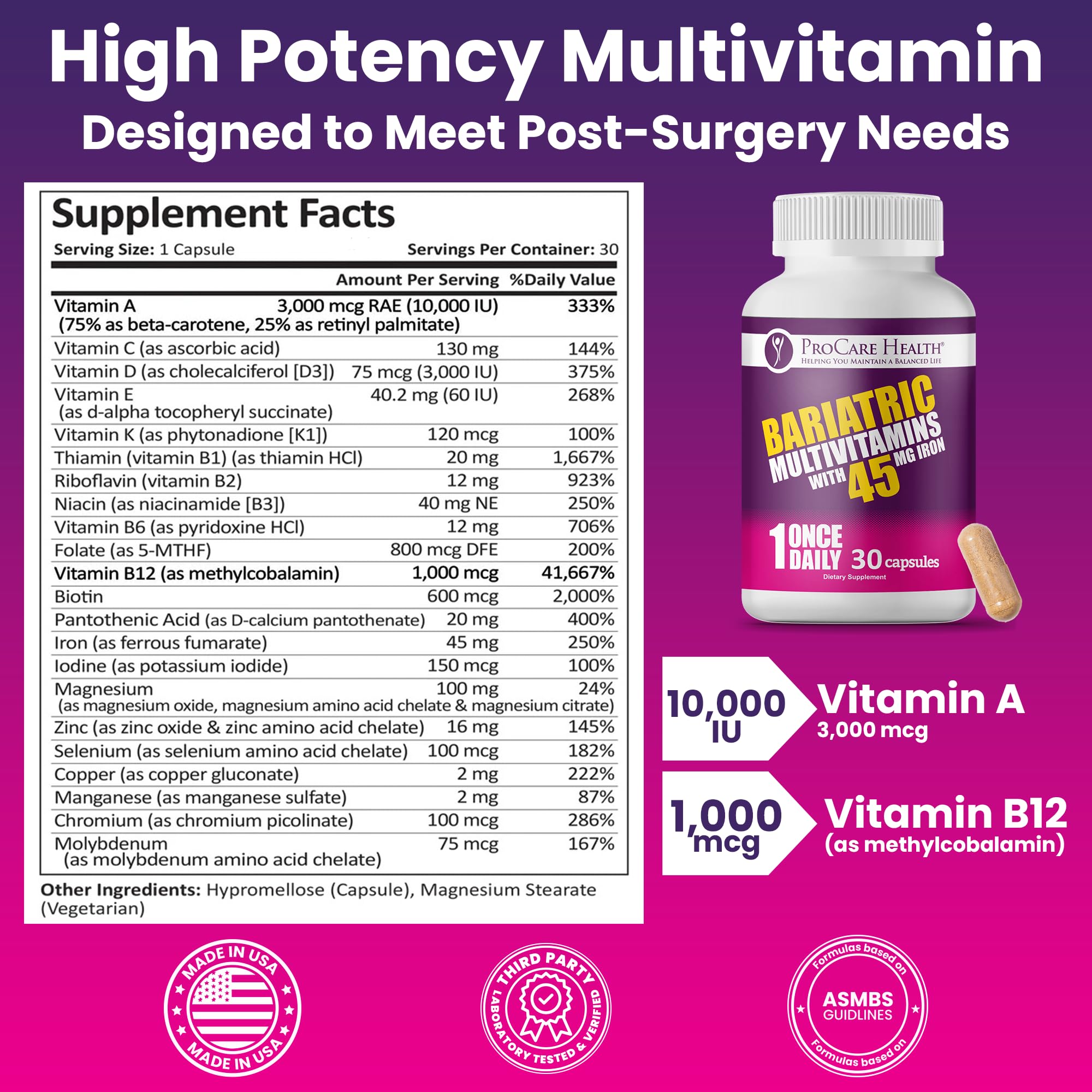 ProCare Health etiqueta visible con ingredientes y certificaciones