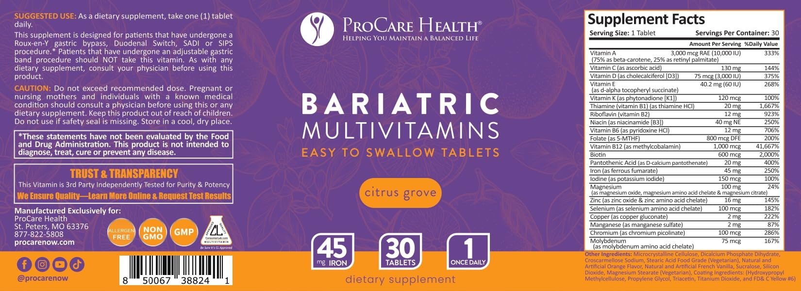 ProCare Health tabletas junto a cáscara de cítrico indicando sabor agradable