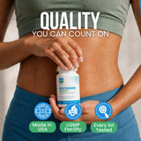 Prodigy Life botella sobre mesa con alimentos ricos en histamina, apoyo dietético