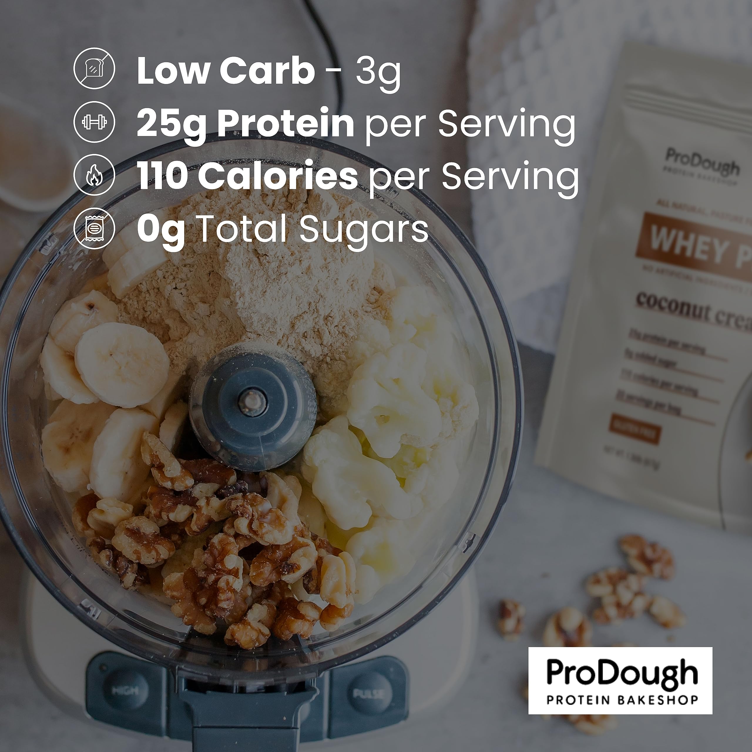 ProDough etiqueta nutricional mostrada, evidencia de 25 g de proteína por porción