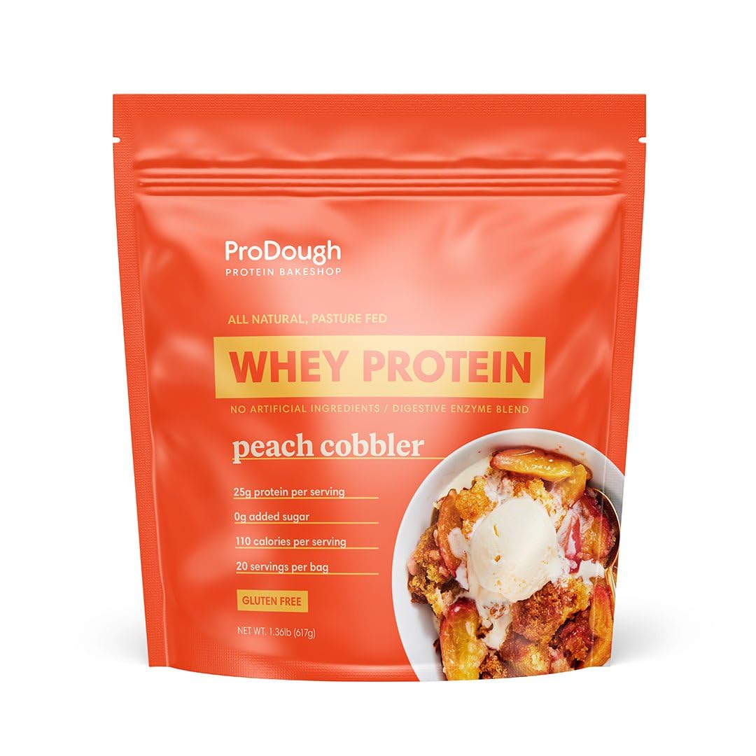 ProDough frente del paquete Peach Cobbler mostrando diseño y tamaño