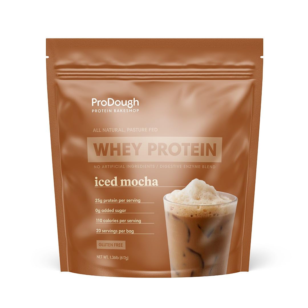ProDough frontal del envase mostrando sabor Iced Mocha y diseño gourmet