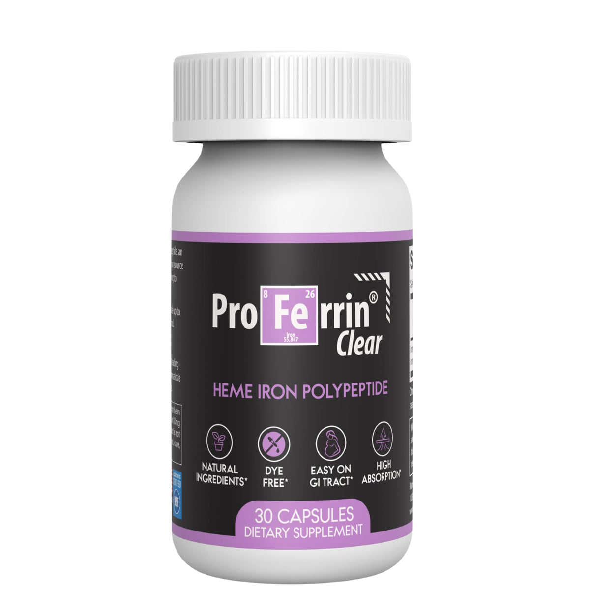 Proferrin frasco frontal mostrando etiqueta clara y beneficios NSF