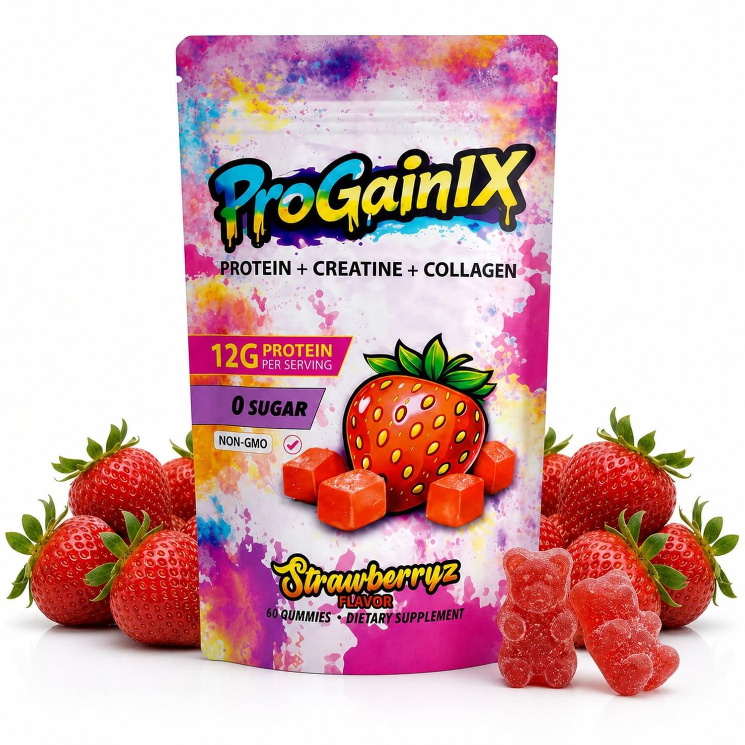 ProGainIX frontal del paquete mostrando beneficios y sabor fresa