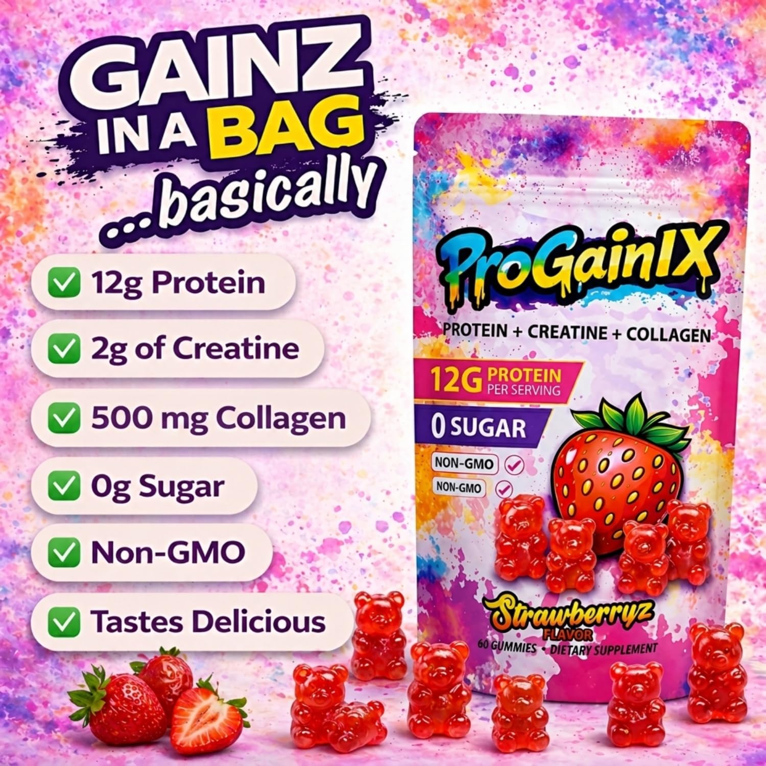 ProGainIX detalle de textura de la gomita, fácil de masticar y portable