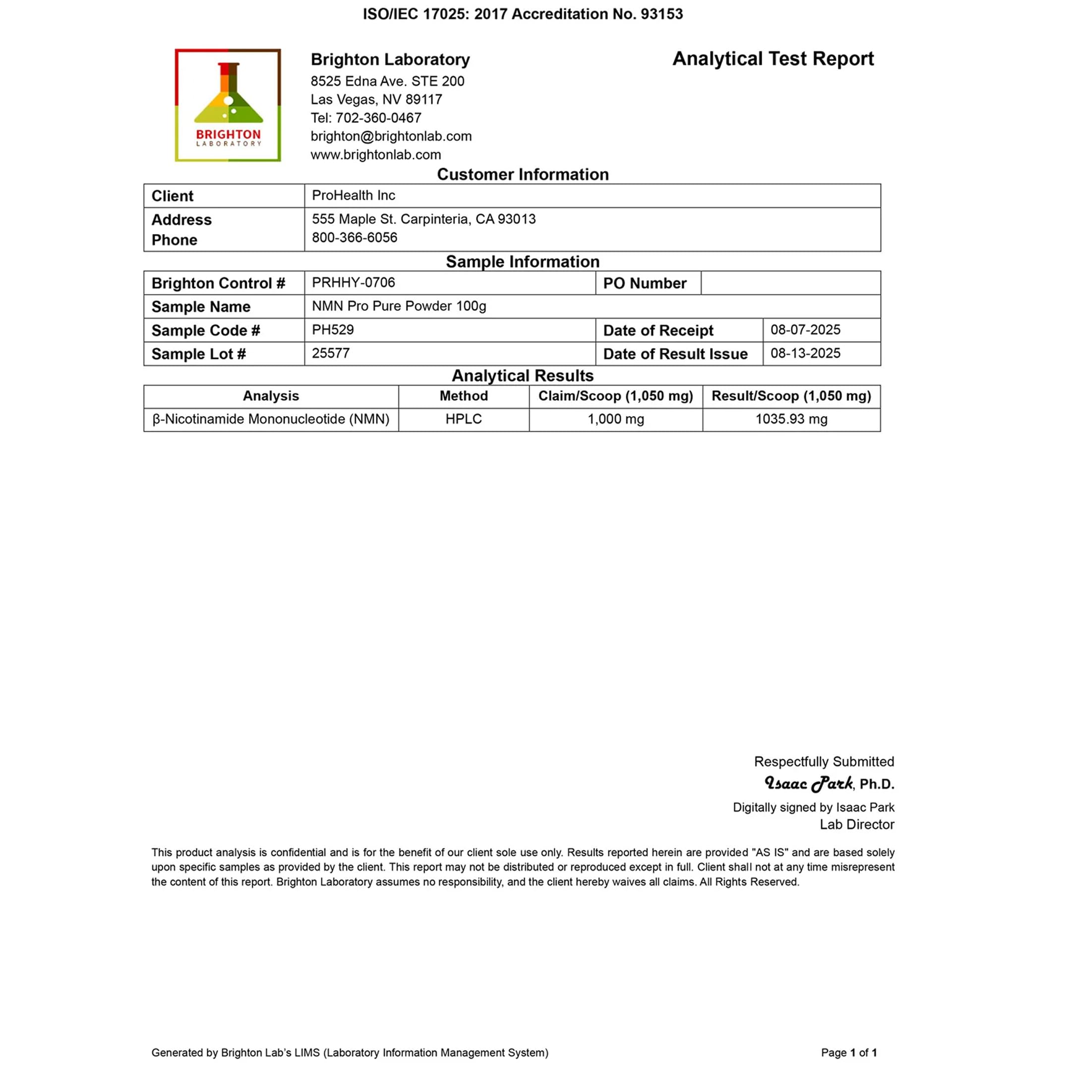 Tubo de ensayo y certificado de laboratorio junto al envase ProHealth, transparencia analítica
