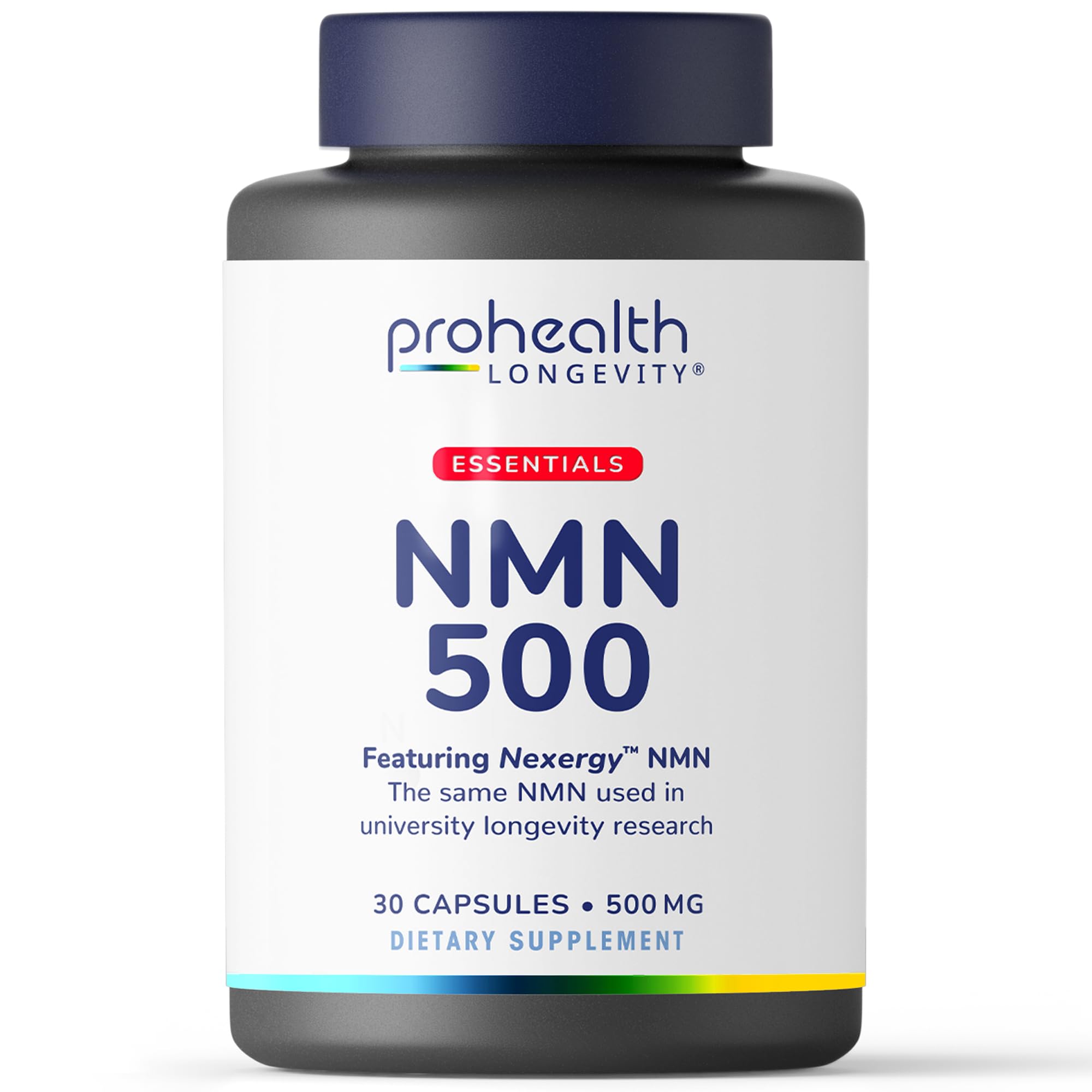 ProHealth botella frontal de NMN 500 muestra etiqueta y dosis clara