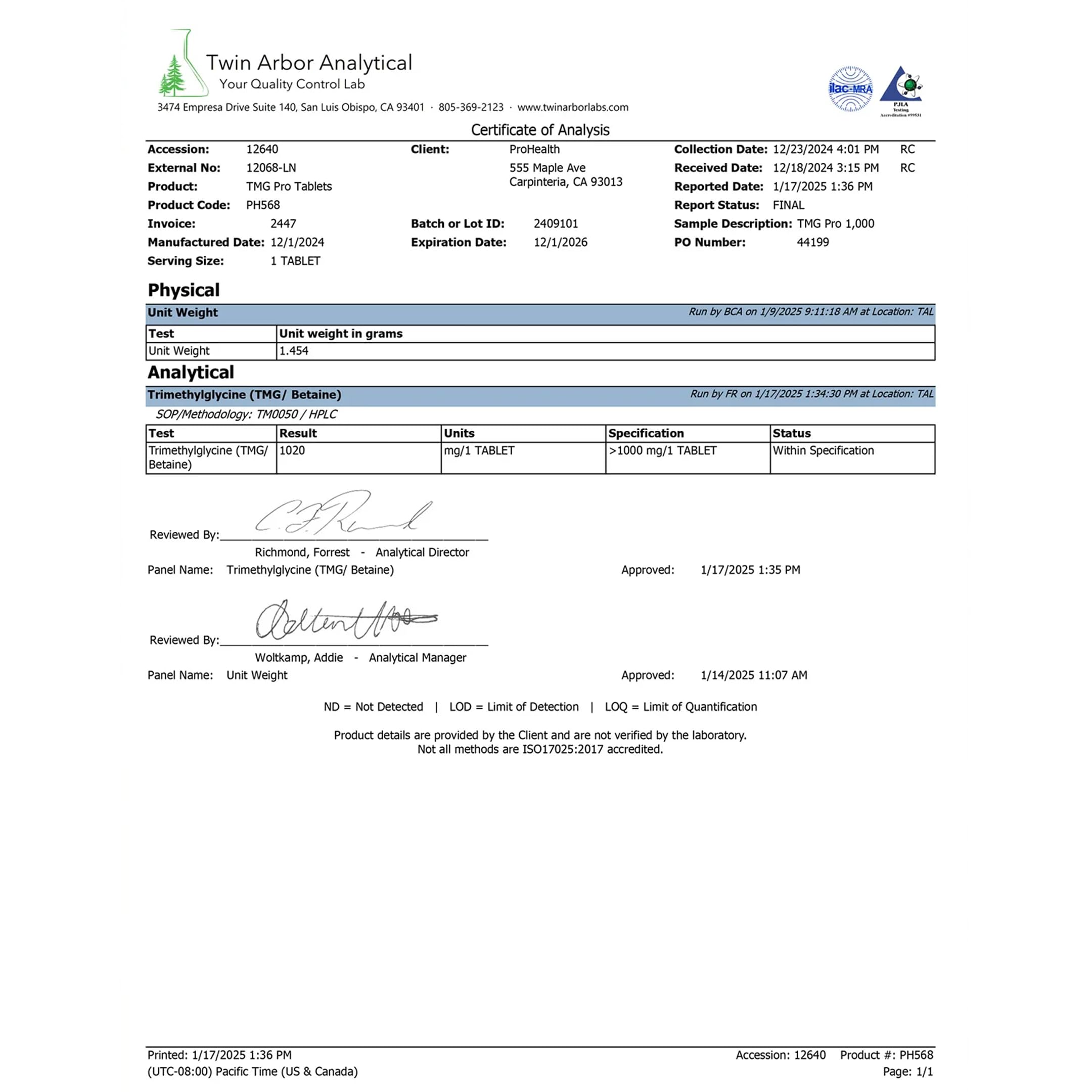 ProHealth comparación de tamaño de tableta TMG para referencia visual