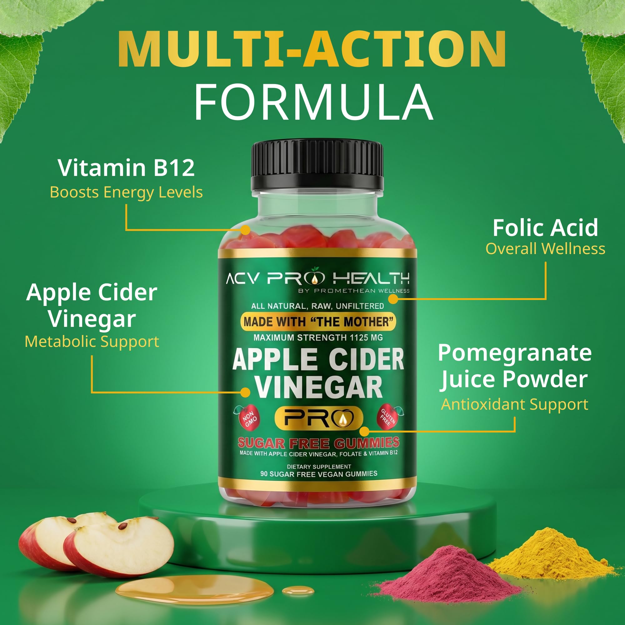 Promethean Wellness etiqueta nutricional, mostrando sin azúcares y vitaminas añadidas