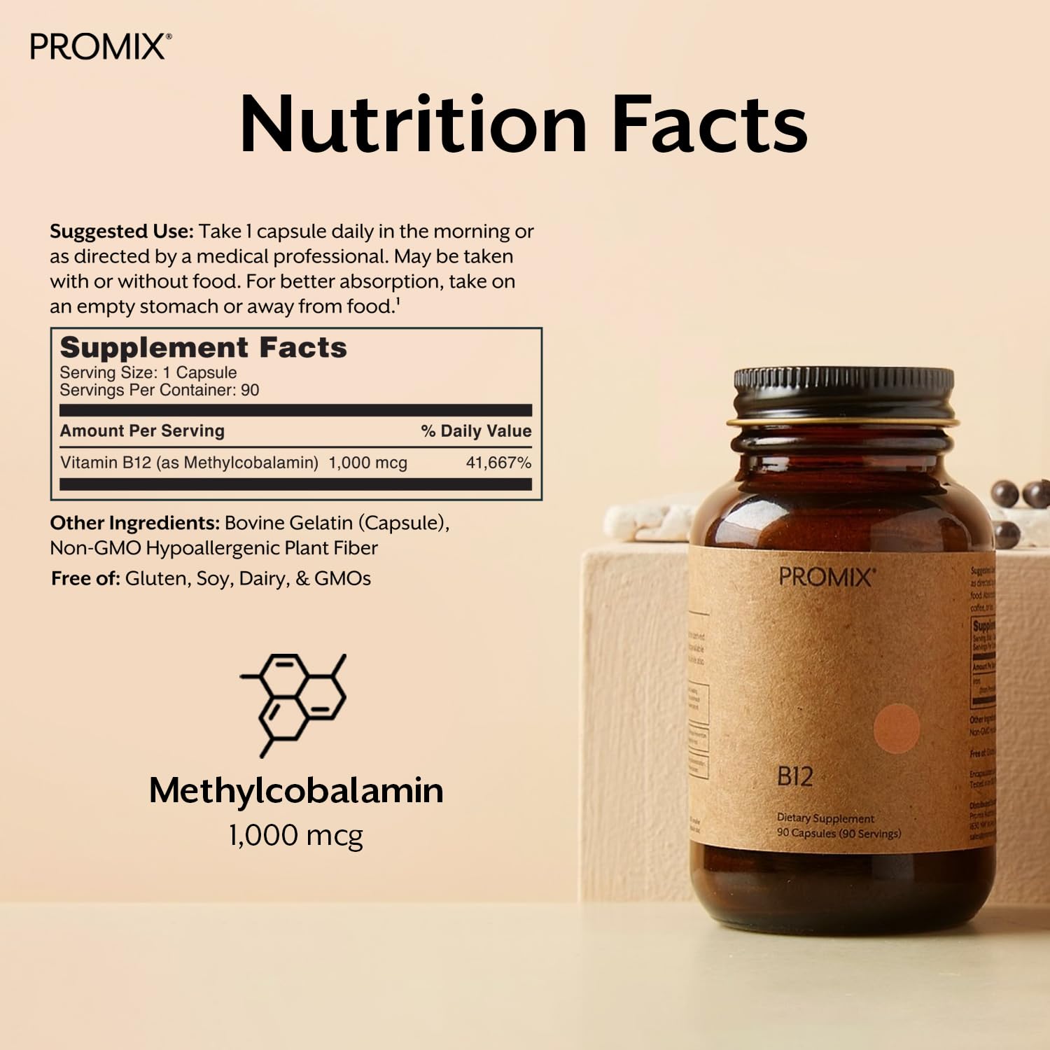 ProMix Nutrition primer plano de cápsula de B12 destacando textura y absorción