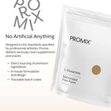 Etiqueta de ProMix Nutrition que destaca ingredientes y certificaciones GMP
