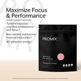 ProMix Nutrition frasco abierto con polvo rosa, mezcla instantánea útil