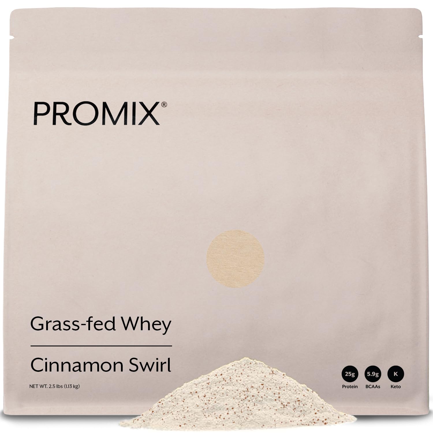 ProMix Nutrition envase frontal mostrando sabor Cinnamon Swirl y beneficios